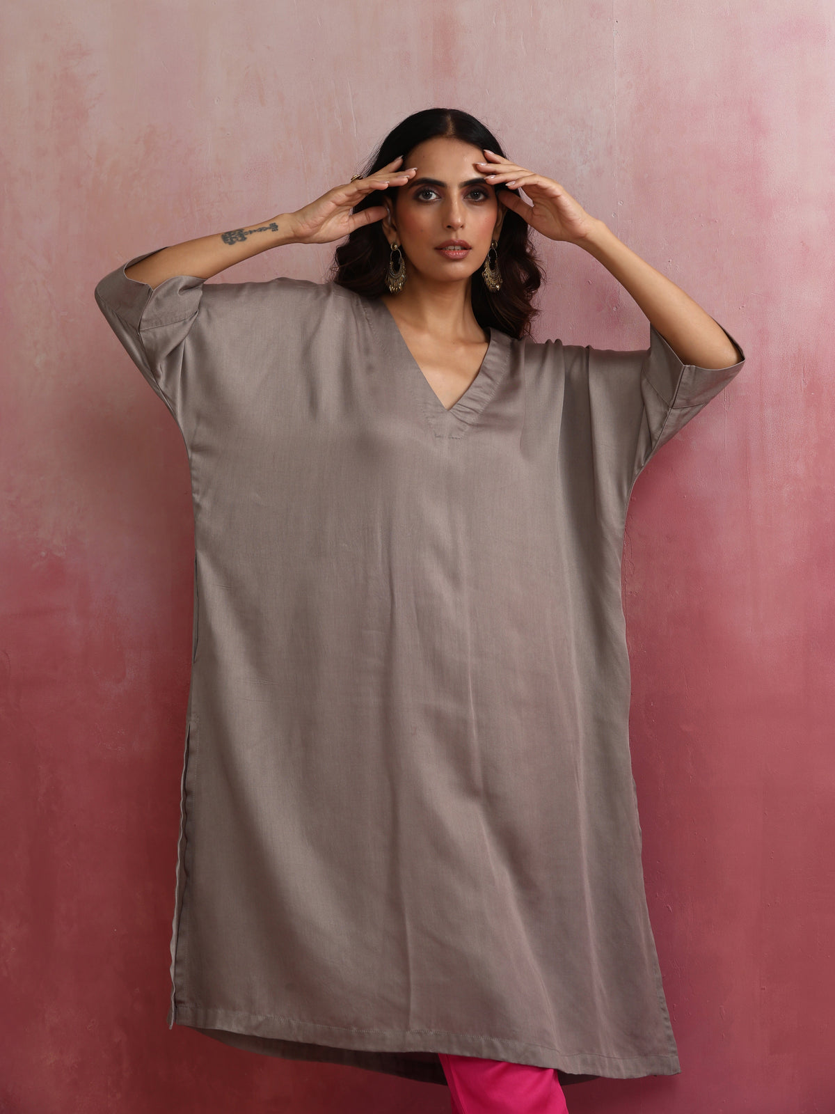 trueBrowns Grey Modal Kimono Kurta Set | Grocsy