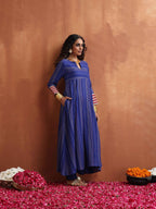 trueBrowns Blue Stripe Flared Anarkali Kurta Set | Grocsy