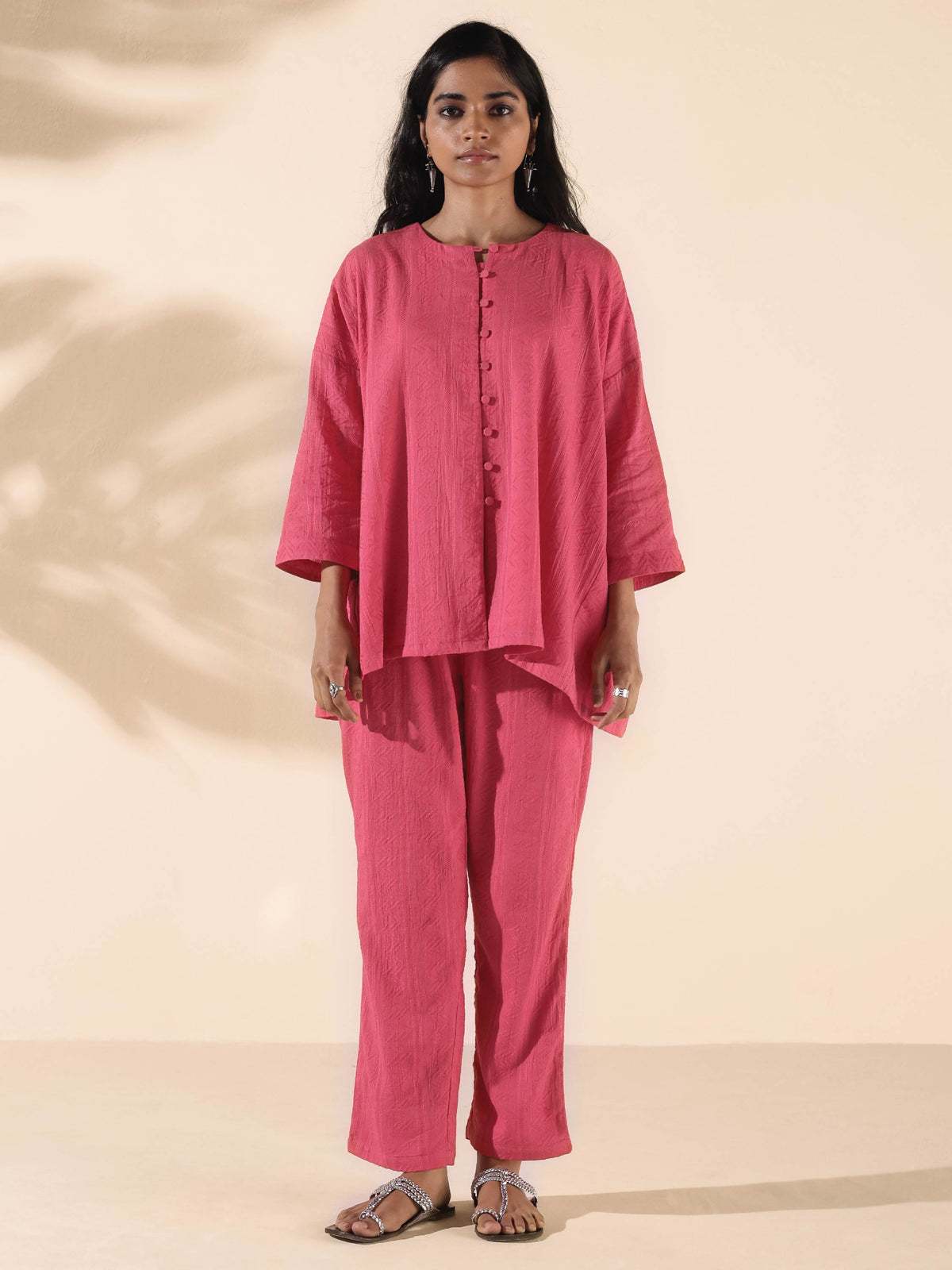 trueBrowns Pink Cotton Dobby Oversized Co-ord Set | Grocsy