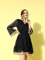 InWeave Women's Black Lacy Dress With Tassles | Grocsy