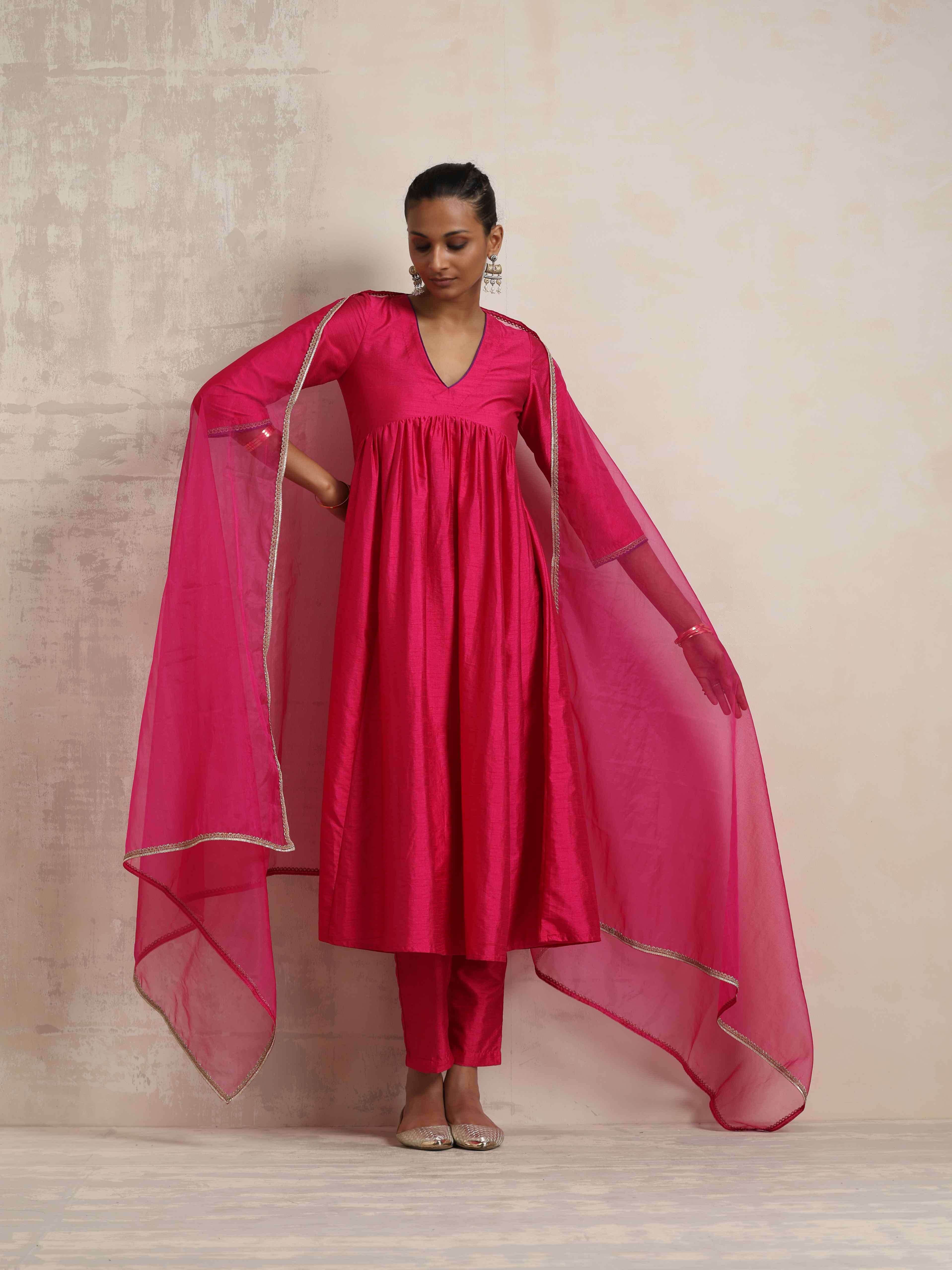 trueBrowns Pink Silk Anarkali Kurta Pant Dupatta Set | Grocsy