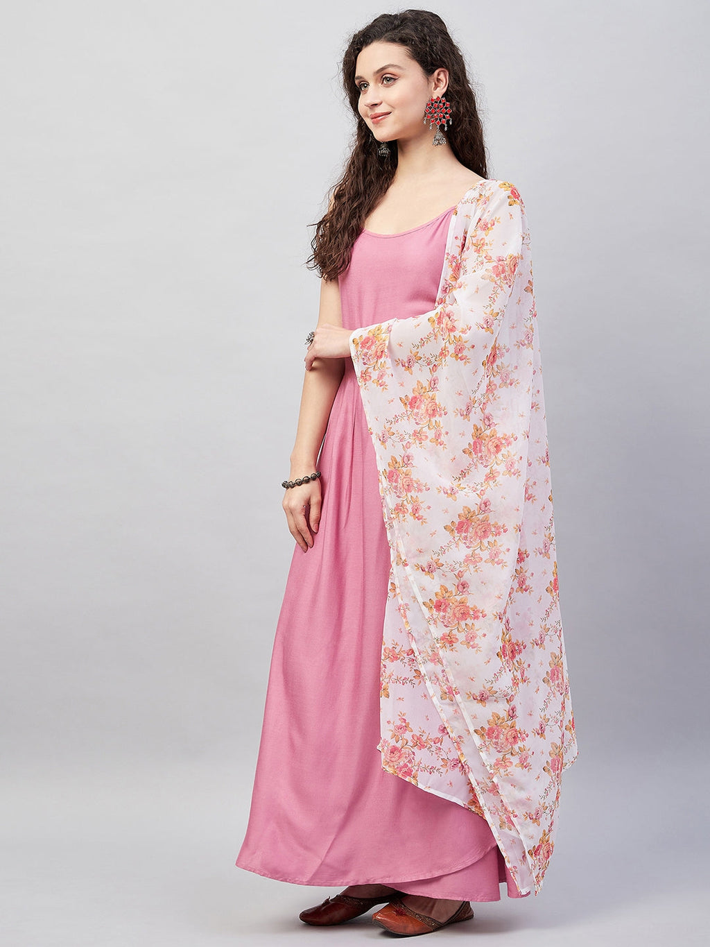 InWeave Women's Light Pink Strappy Set W Cream Orange Print Ge Dupatta | Grocsy