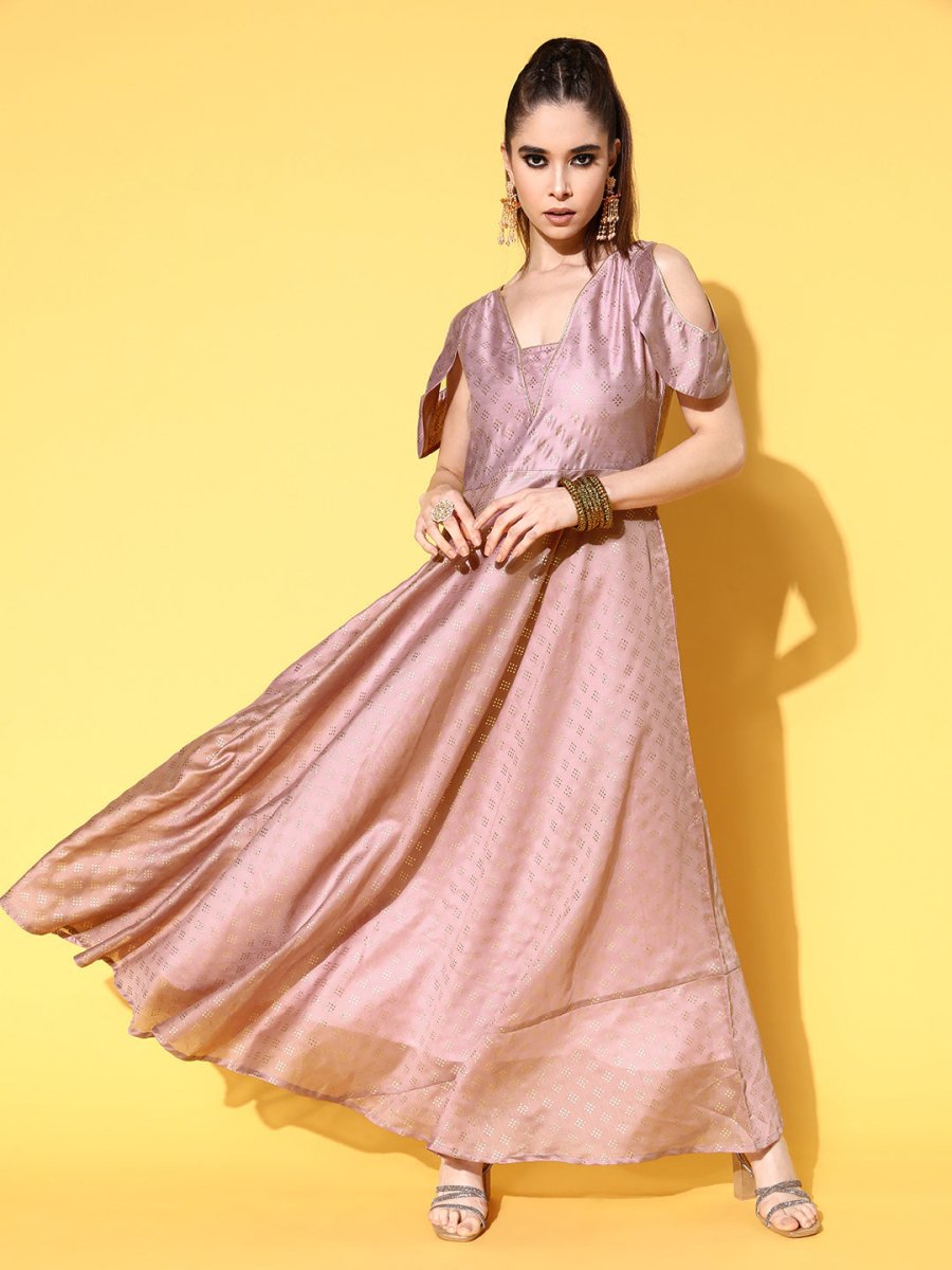 Ahalyaa Chanderi Cold-Shoulders Printed Maxi Ethnic Dress | Grocsy
