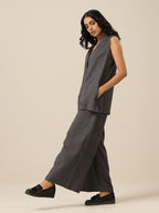 trueBrowns Slate Grey Slub Texture Sleevesless Jacket Pant Set | Grocsy