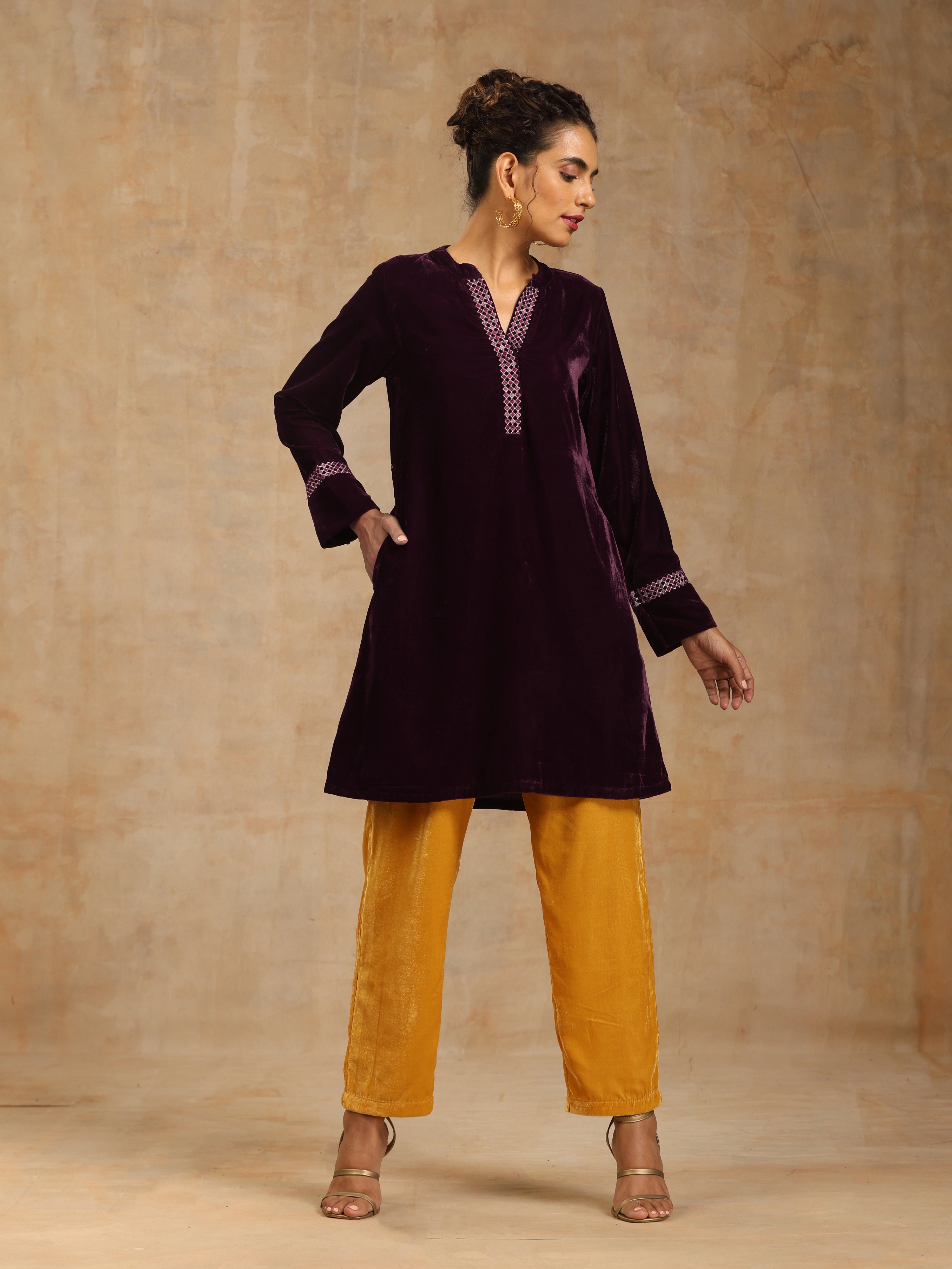 trueBrowns Wine Velvet Placket Embroidered Co-ord Set | Grocsy