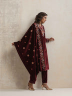 trueBrowns Maroon Velvet Floral Embroidered Kurta Pant Dupatta Set | Grocsy