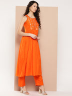 InWeave Women's Orange Mirror Work Aline Strappy Kurta Set W Pink Yellow Leh Dupatta | Grocsy
