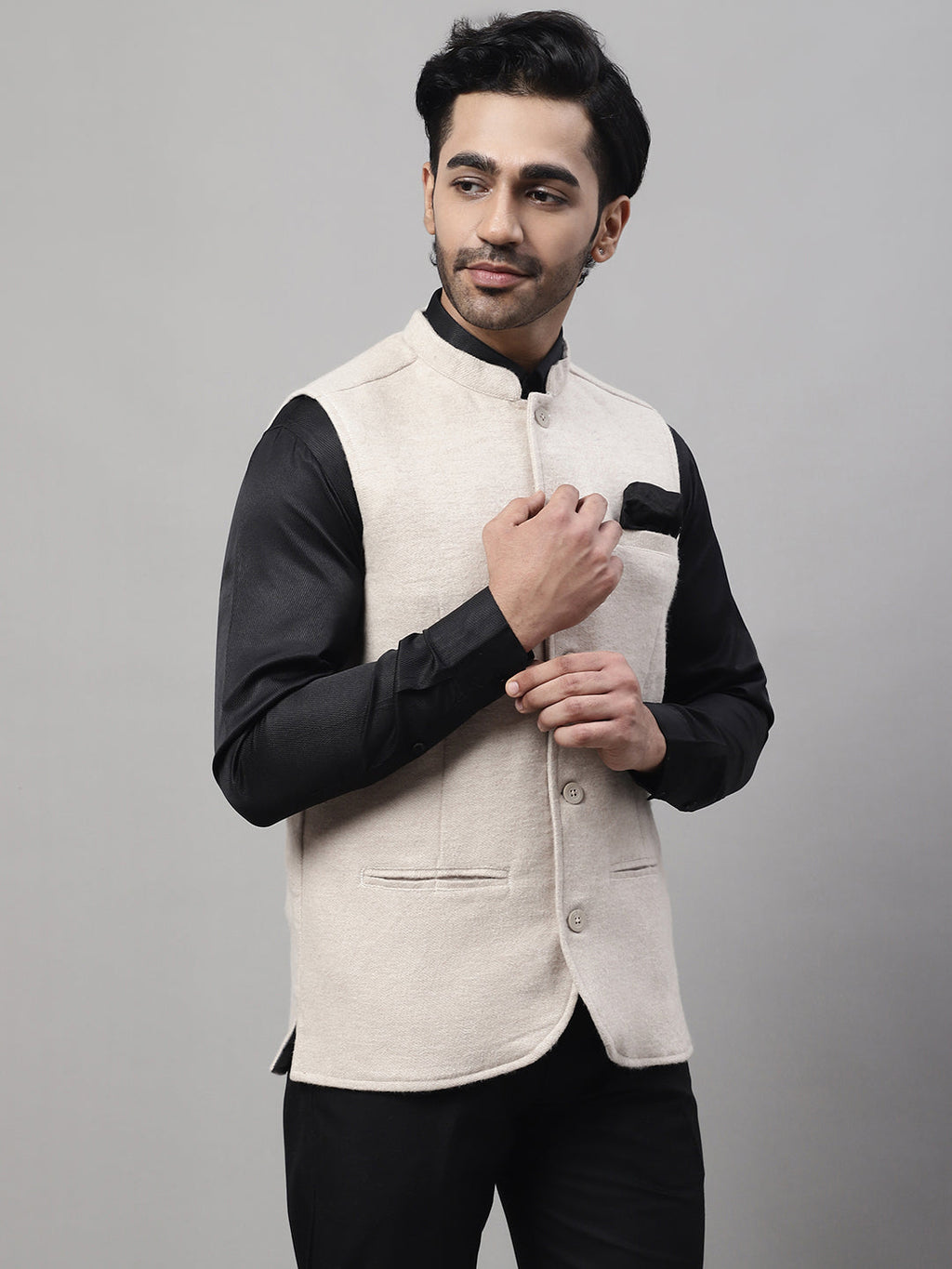 Even Apparels Men's Cream Pure Wool Nehru Jacket | Grocsy
