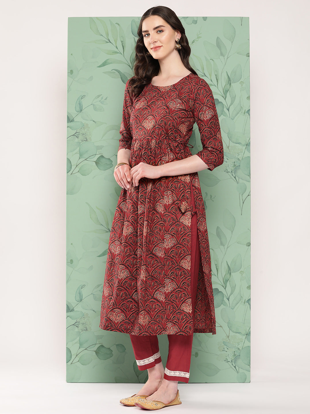 InWeave Women's Long Kurta Set Rust Ajrakh With Green Ajrakh Dupatta | Grocsy