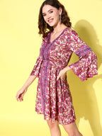 InWeave Women's Fuchsia Floral Prnited Bell Sleeve Short Dress | Grocsy