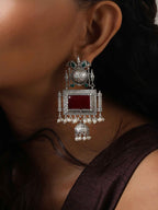 trueBrowns Silver Tone Red Stone Dangle Earrings | Grocsy
