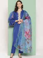InWeave Women's Ink Blue Organza Sleeve Kurta Set W Blue Fuchsia Or Dupatta | Grocsy