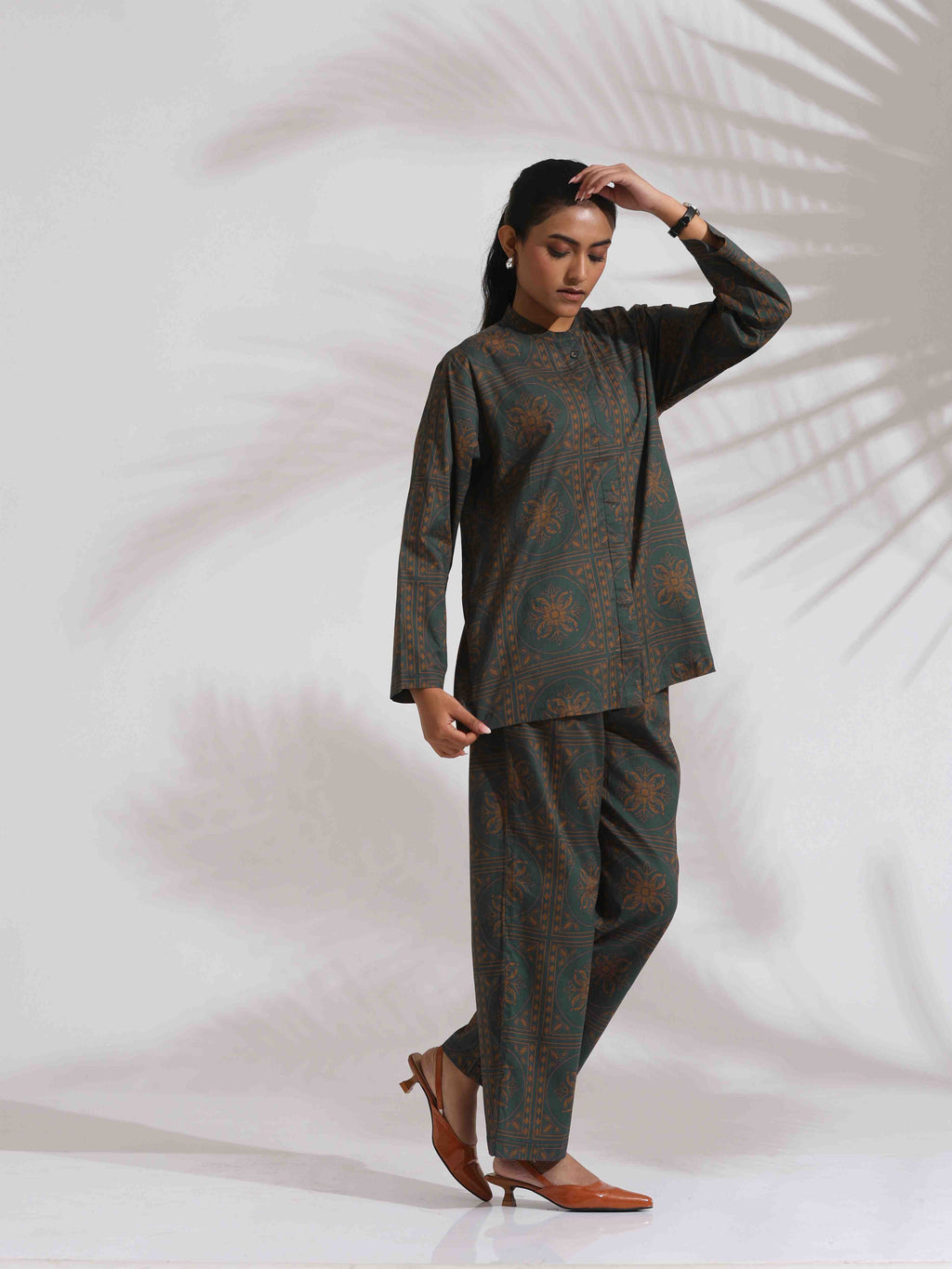 trueBrowns Green Cotton Print Shirt Top & Pants Co-ord Set | Grocsy