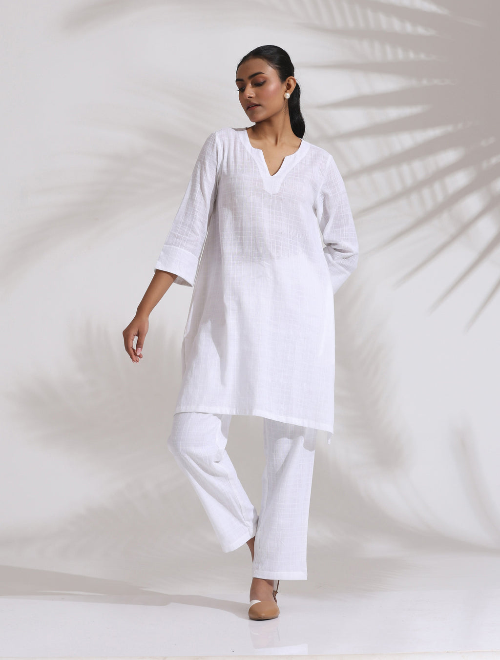 trueBrowns White Cotton Check Kurta Co-ord Set | Grocsy