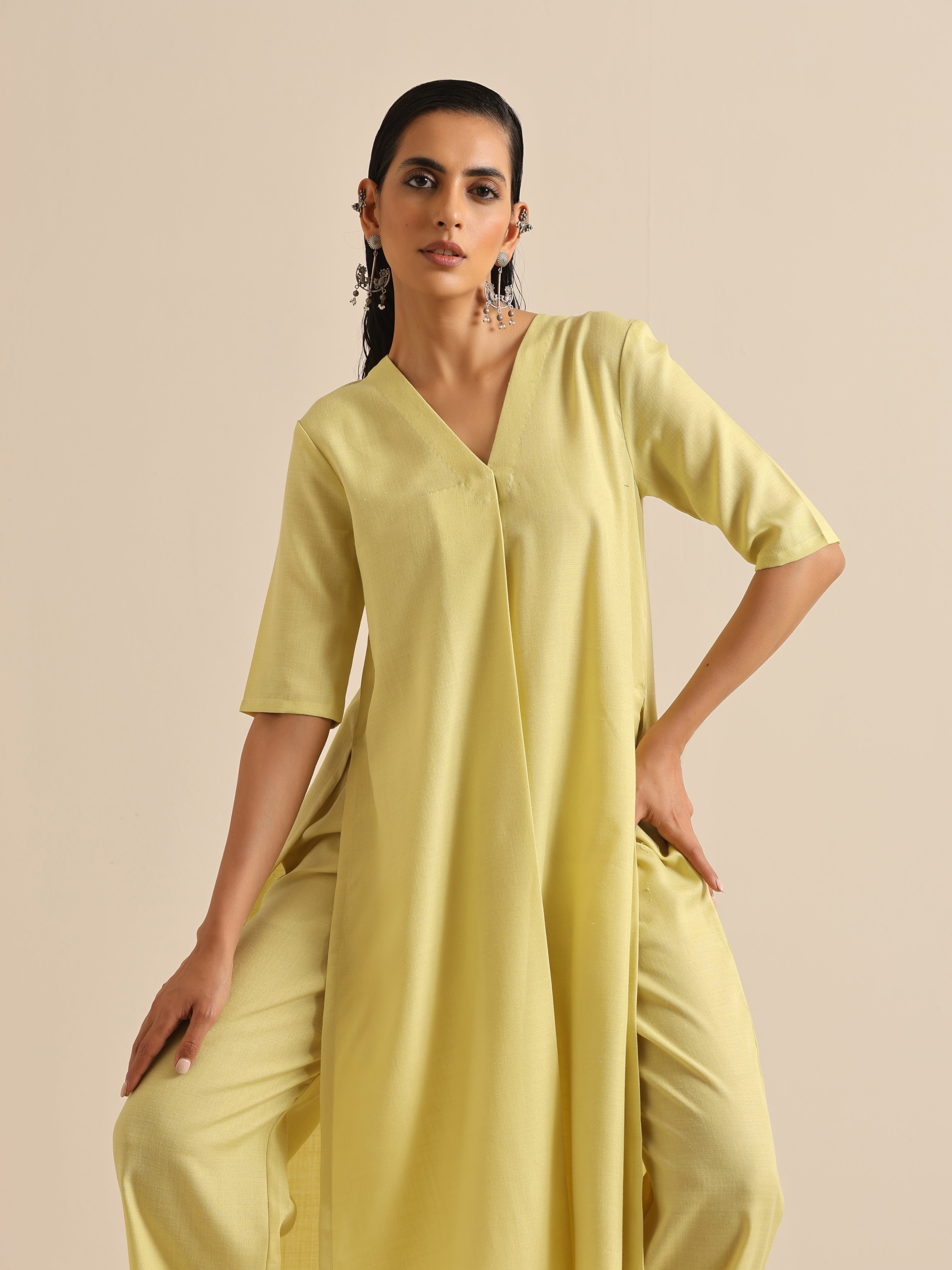 trueBrowns Spark Green Slub High Slit Kurta Pant Set | Grocsy
