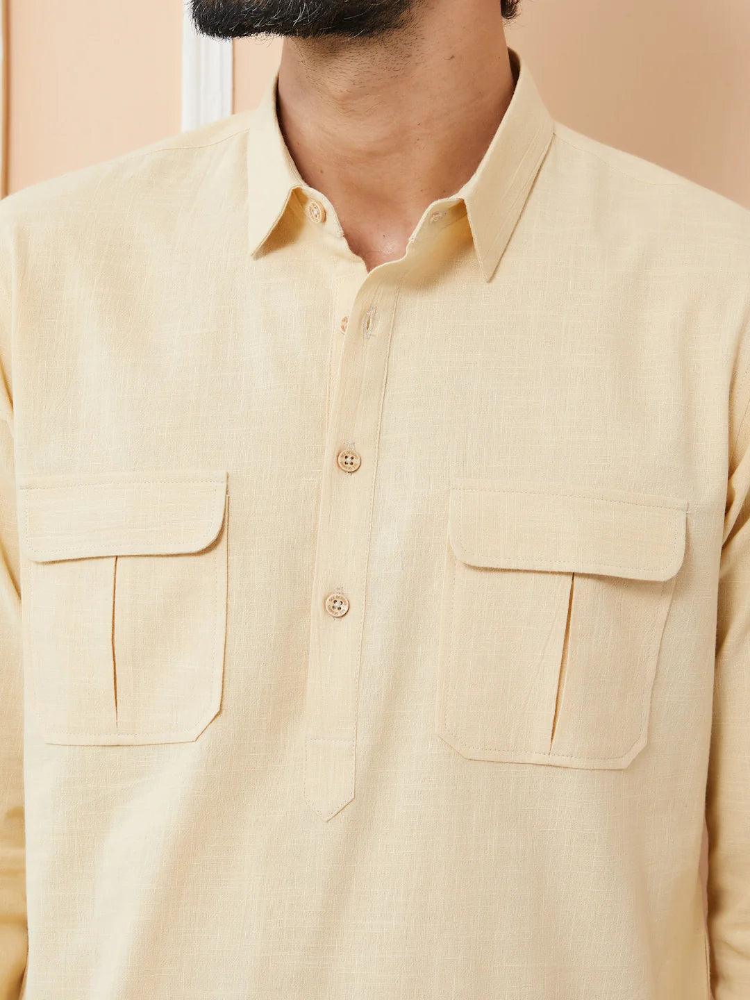 Fabmade Beige Cotton Linen Pathani Kurta With Salwar | Grocsy