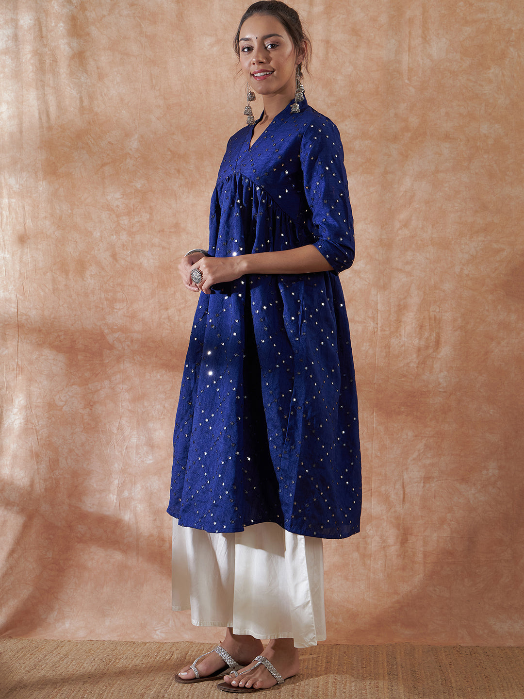 InWeave Women's Blue Mirror Work Flared Kurta | Grocsy