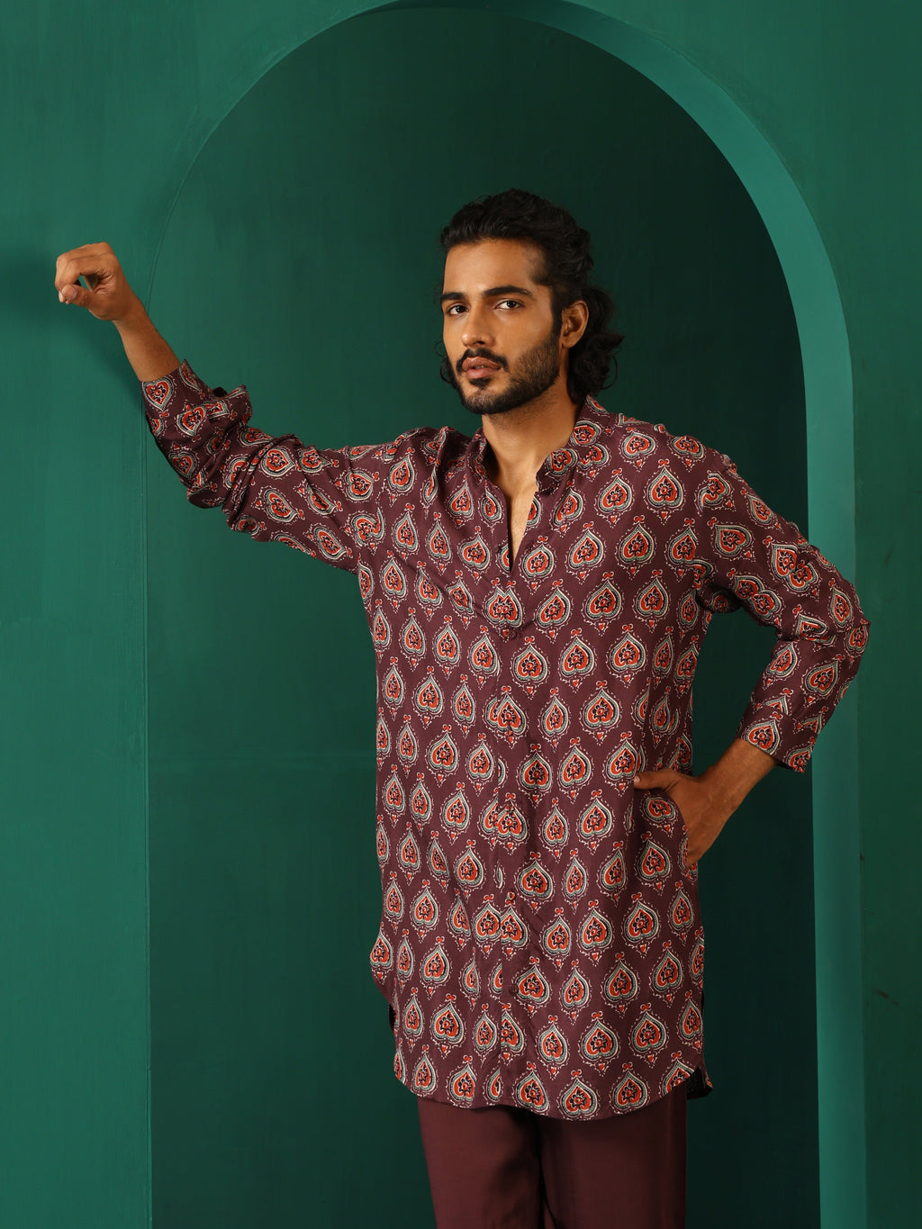 trueBrowns Men's Deep Purple Paan Muslin Silk Printed Co-ord Set | Grocsy