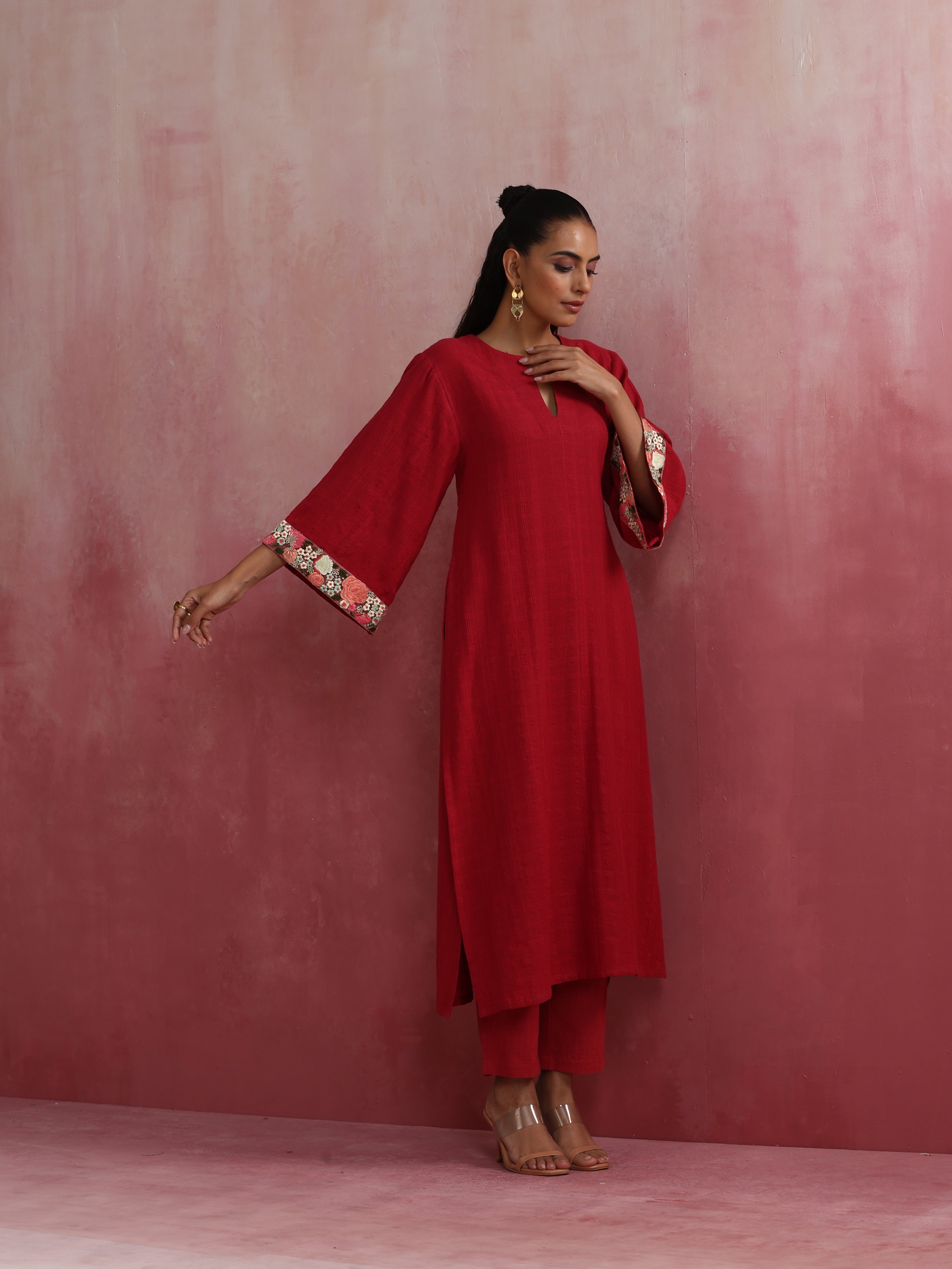 trueBrowns Red Straight Cotton Dobby Kurta Set | Grocsy