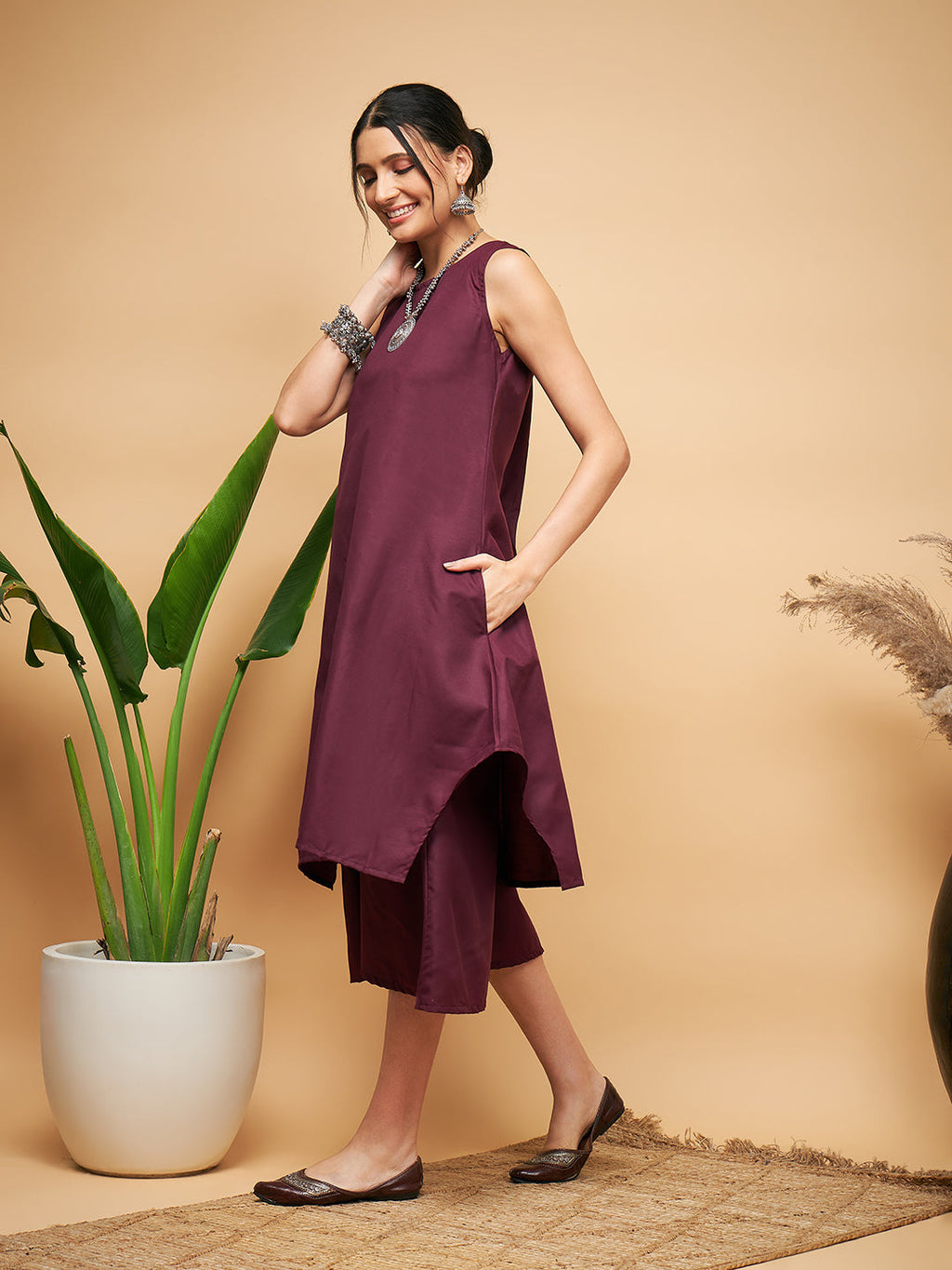 InWeave Women's Wine Solid Short Kurta Palazzo Set | Grocsy