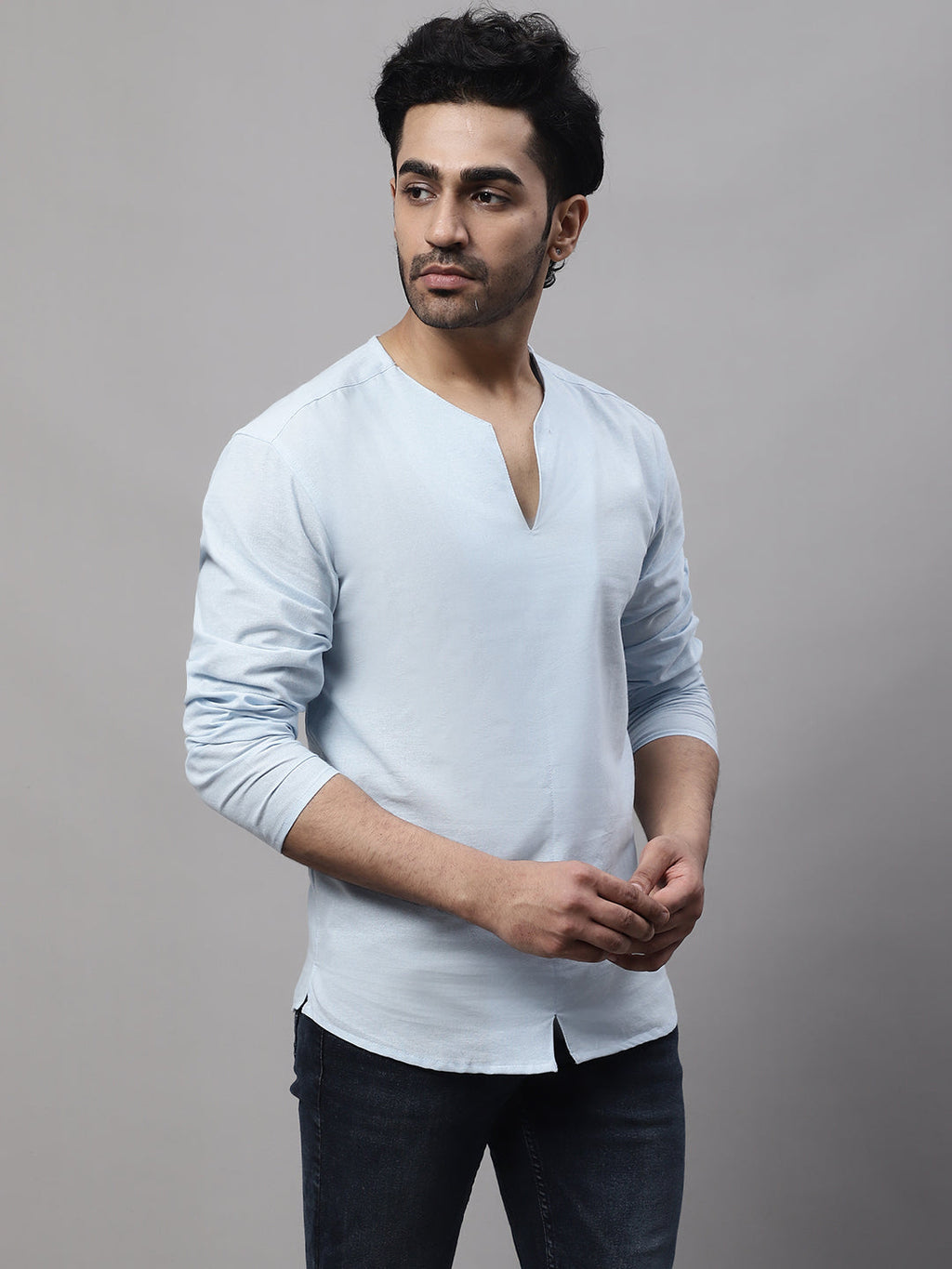 Even Apparels Blue Pure Cotton Open Neck Kurta | Grocsy
