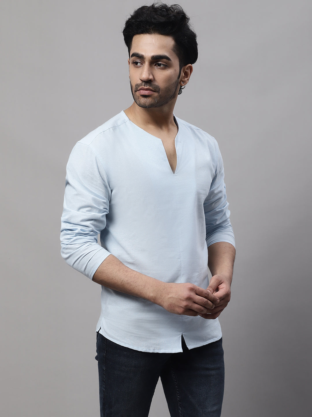 Even Apparels Blue Pure Cotton Open Neck Kurta | Grocsy