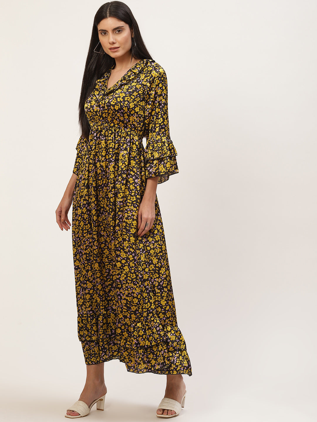 InWeave Women's Mustard Print Ruffled Dress | Grocsy