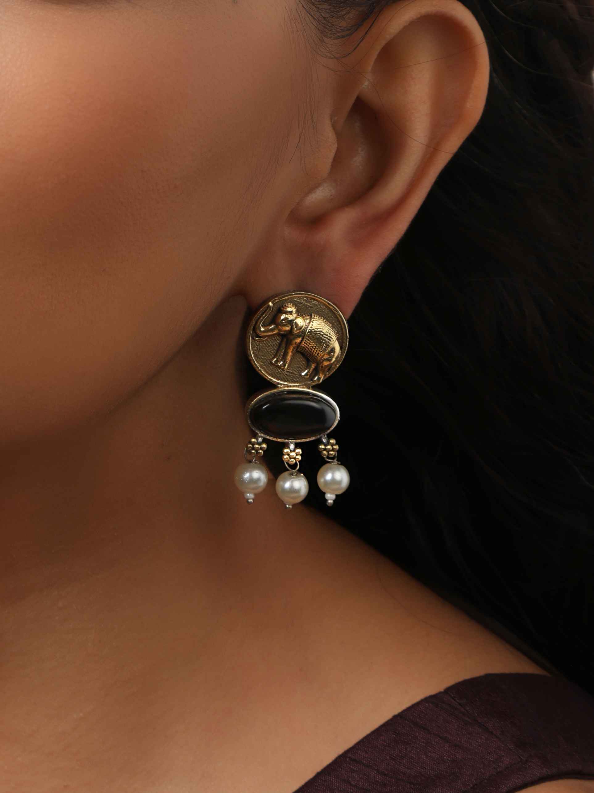 trueBrowns Gold Elephant Embossed Dangle Earrings | Grocsy