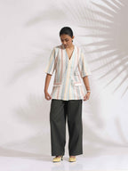 trueBrowns Off-White Cotton Stripe Jacket Top Co-ord Set | Grocsy