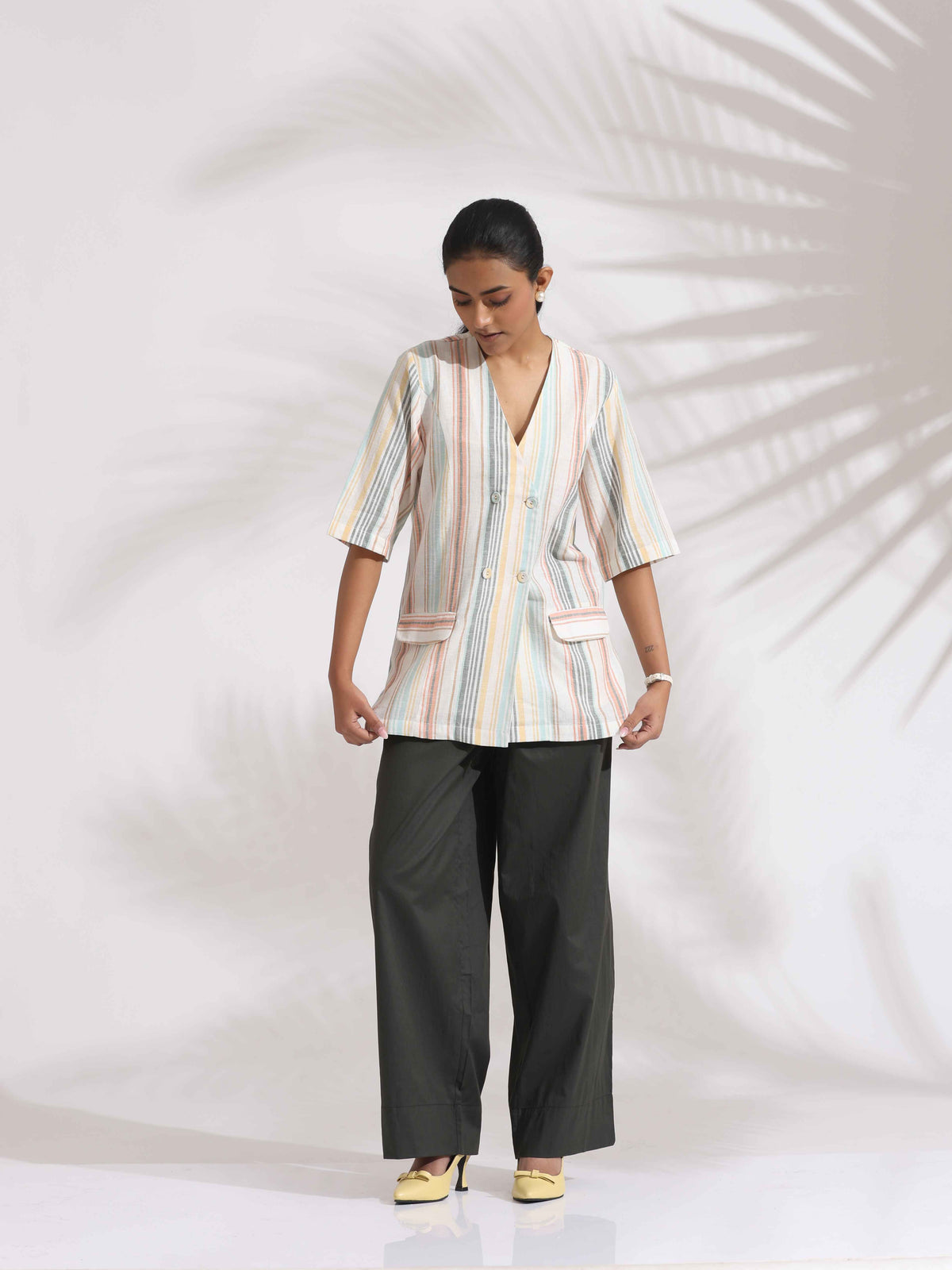 trueBrowns Off-White Cotton Stripe Jacket Top Co-ord Set | Grocsy