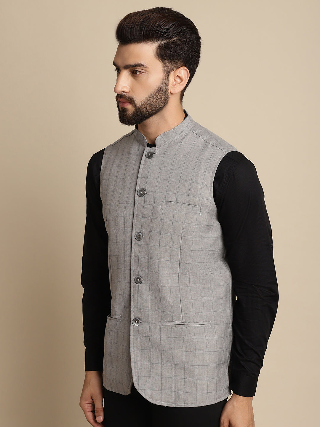 Even Apparels Men's Grey Mandarin Collar Waistcoat | Grocsy