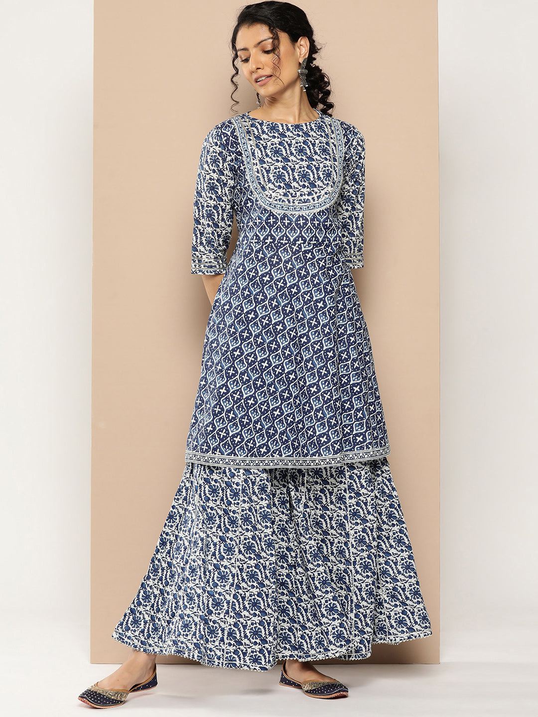 KSUT (House of Varanga) Indigo And White Floral Printed Flared Kurta Sharara Set | Grocsy