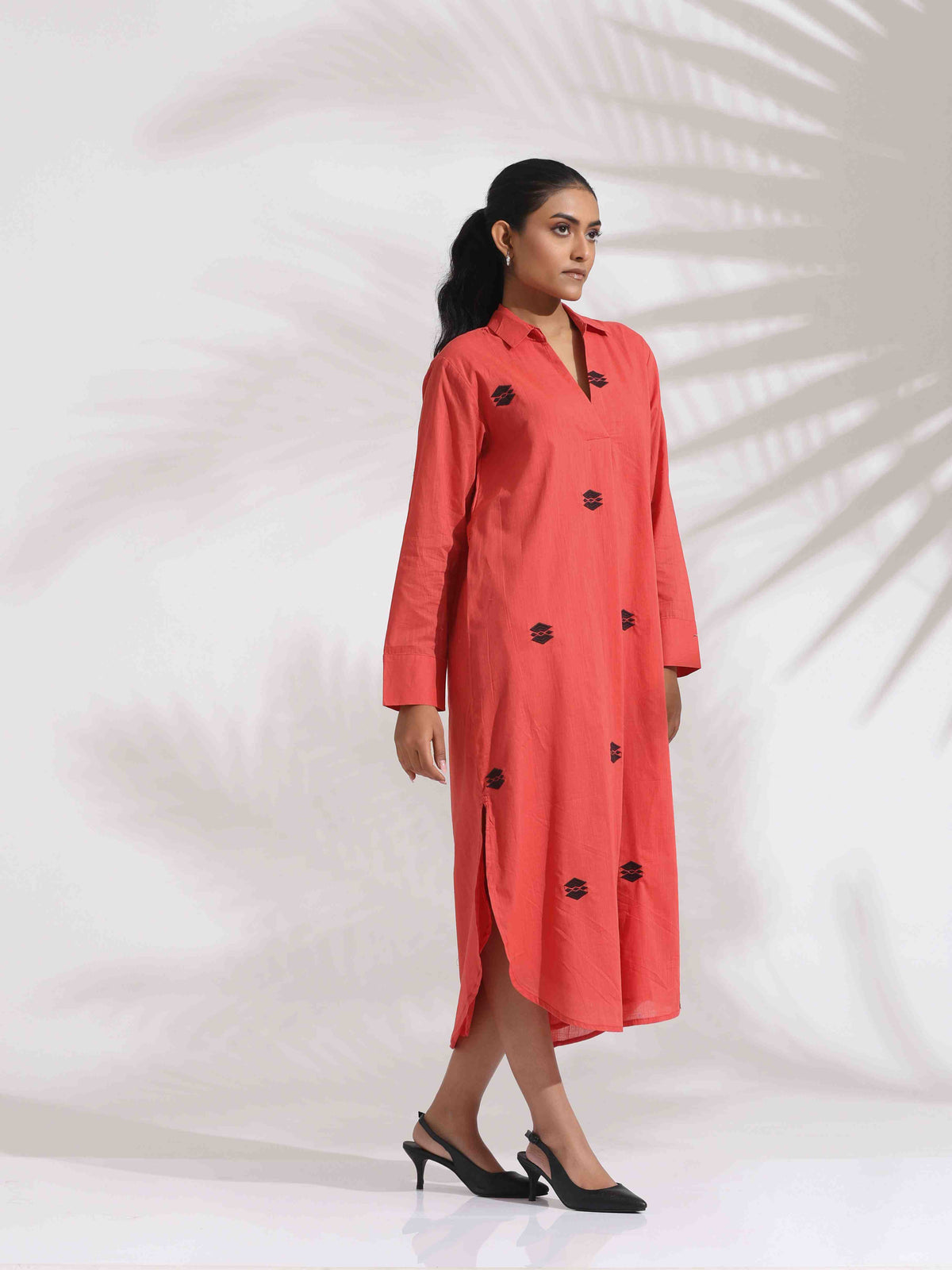 trueBrowns Orange Cotton Embroidered Flared Dress | Grocsy