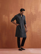 trueBrowns Men's Black Cotton Dobby Kurta | Grocsy