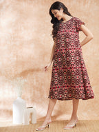 InWeave Women's Wine Ikkat Print A Line Dress | Grocsy