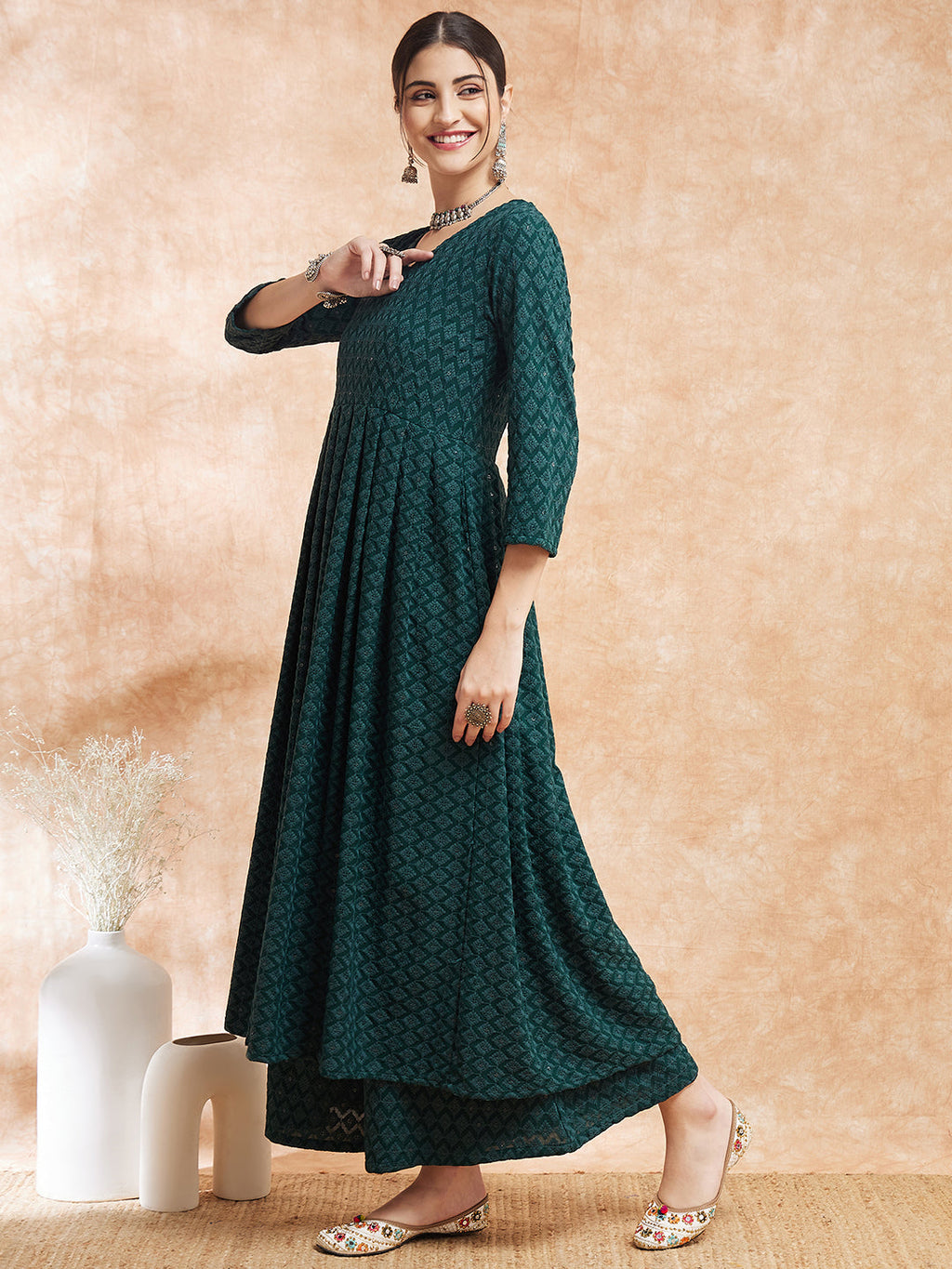 InWeave Women's Forest Green Chikankari Long Anarkali Kurta Sharara Set | Grocsy