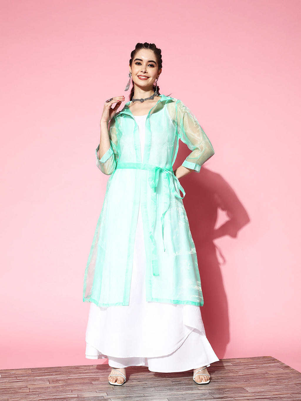 InWeave Women's Cream Strappy Kurta Set With Teal Organza Cape | Grocsy