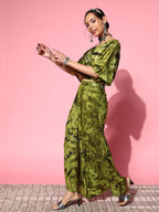 InWeave Women's Olive Tie And Dye New Neckline Top Culottes Set | Grocsy