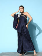 InWeave Women's Navy One Shoulder Kurta Set With Gota Work | Grocsy