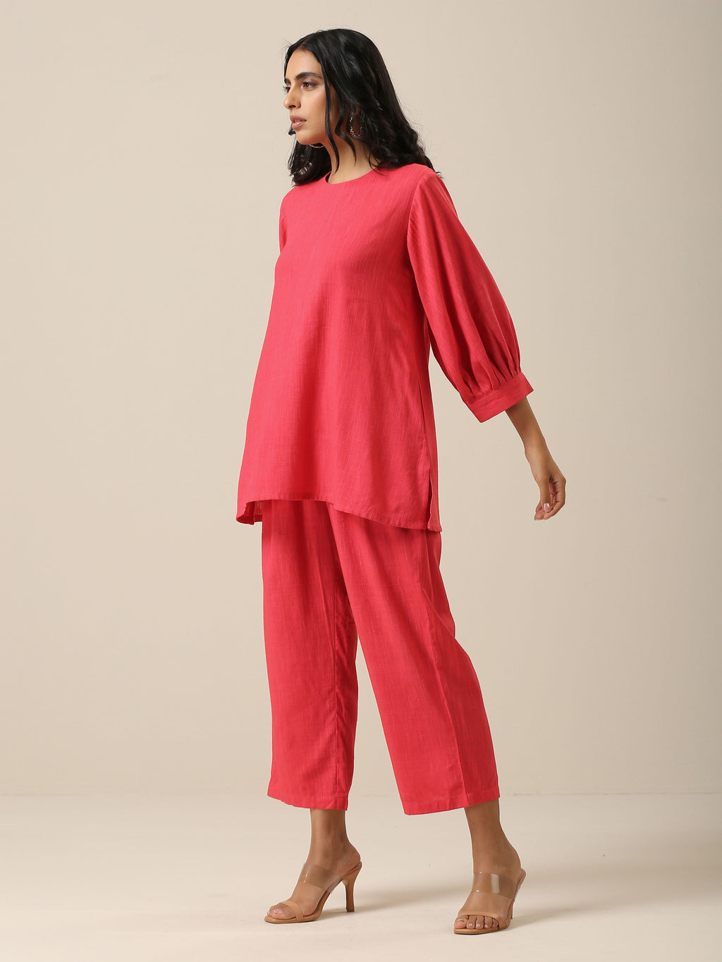 trueBrowns Bright Pink Slub Texture Baggy Sleeve Co-Ord Set | Grocsy