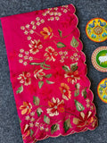 Mameraa Sarees Red Matka Silk Saree With Heavy Floral Embroidery Border With Running Blouse-Red | Grocsy
