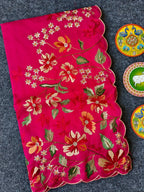 Mameraa Sarees Red Matka Silk Saree With Heavy Floral Embroidery Border With Running Blouse-Red | Grocsy