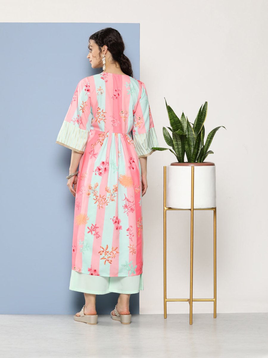 Ahalyaa Women Floral Printed Pleated Gotta Patti Kurta With Palazzos | Grocsy