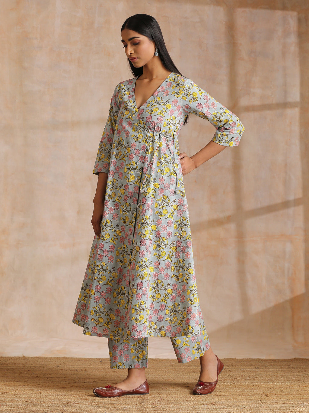 trueBrowns Grey Overall Floral Block Print Cotton Angrakha Kurta Pant Set | Grocsy