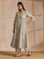trueBrowns Grey Overall Floral Block Print Cotton Angrakha Kurta Pant Set | Grocsy
