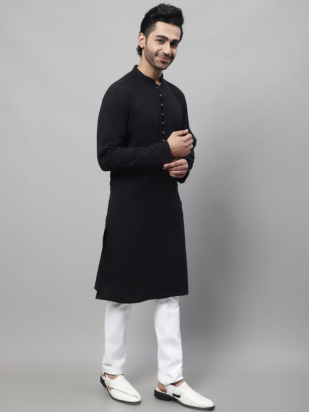 Even Apparels Black Pure Cotton Kurta With Band Collar | Grocsy