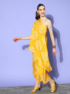 InWeave Women's Yellow Bandhani Motif One Shoulder Palazzo Set | Grocsy