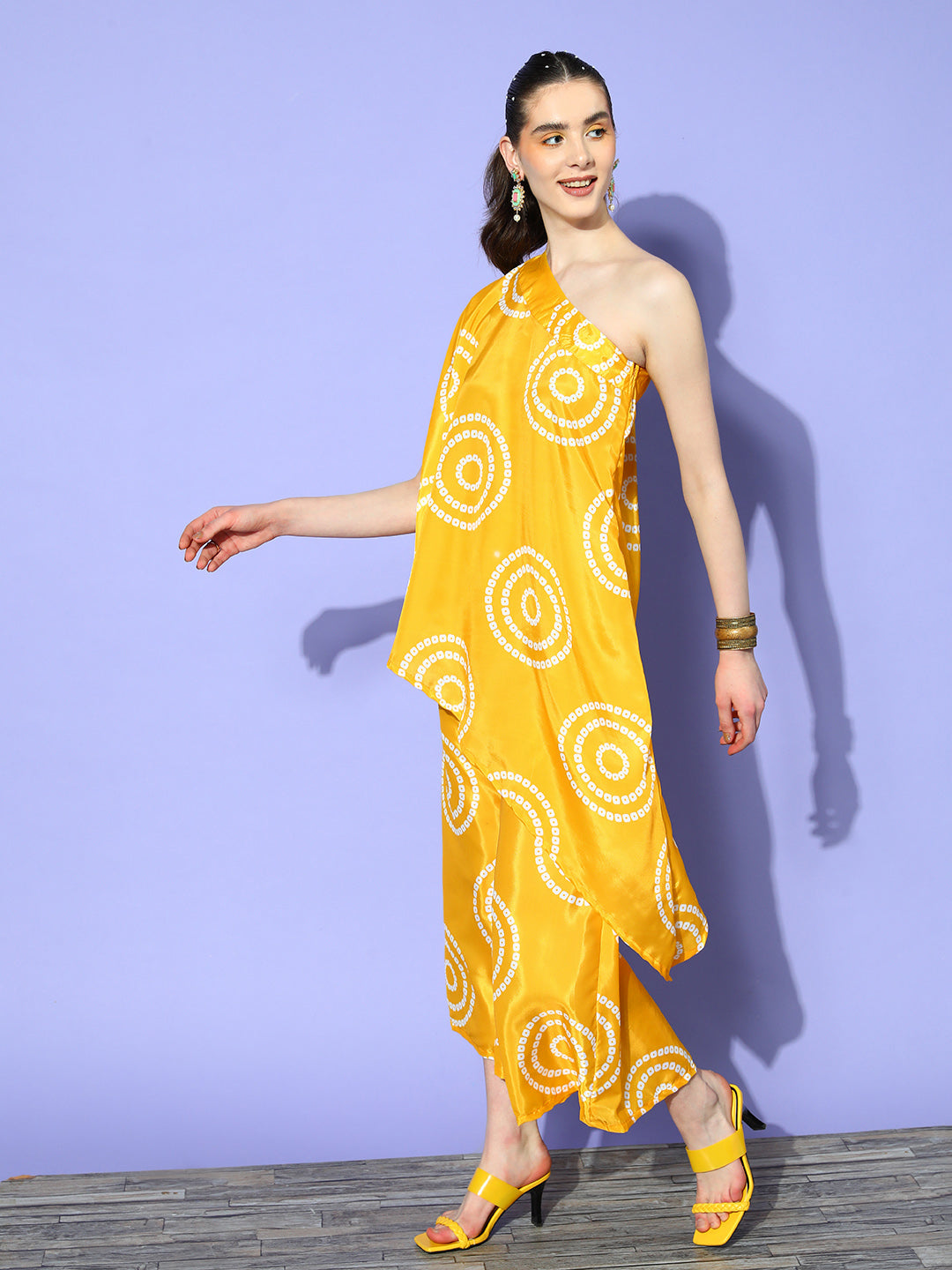InWeave Women's Yellow Bandhani Motif One Shoulder Palazzo Set | Grocsy
