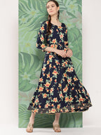 InWeave Women's Black Tropical Print Gota Long Dress | Grocsy