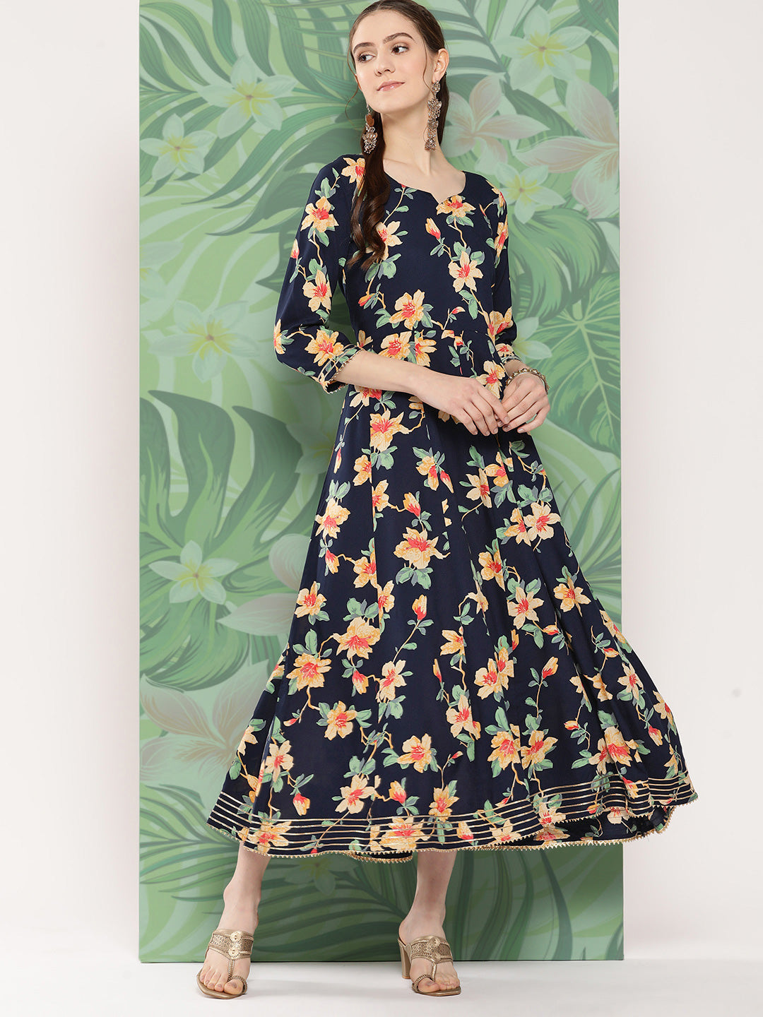 InWeave Women's Black Tropical Print Gota Long Dress | Grocsy
